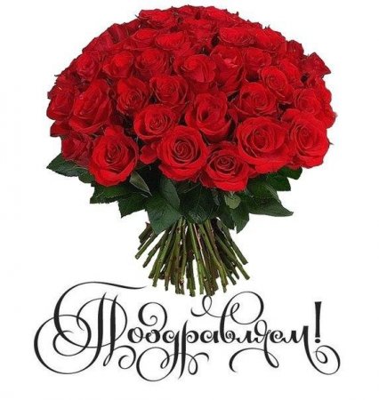 На картинке, на белом фоне, букет красных роз. Внизу надпись "Поздравляем!"